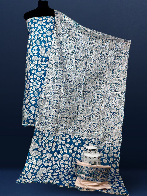 Katan Silk Radiating Blockprint Royal Blue Suit (T+B+D)