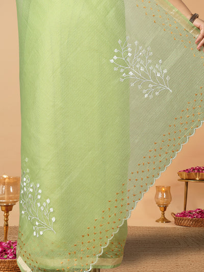 Vibrant Kota Doria Cotton Bel Embroidery Green Saree Handdyed