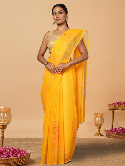 Bright Kota Doria Cotton Bel Embroidery Yellow Saree Handdyed