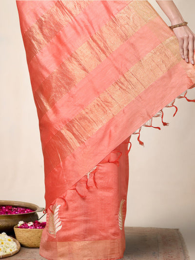 Silkmark Muga Tussar Silk Embroidered Peach Saree