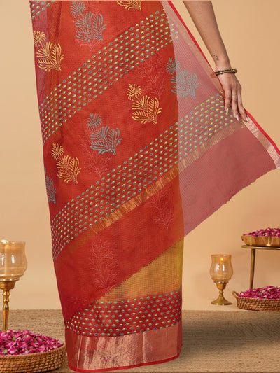 Craft Couture Blockprinted Kota Doria Mustard Yellow & Red Saree