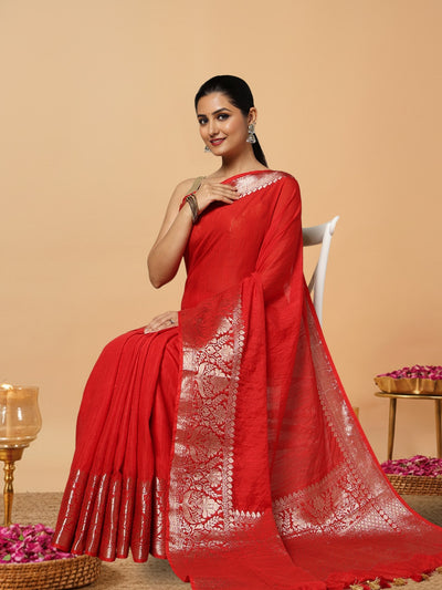 Lively Banarasi Silk Linen Handloom Red Saree