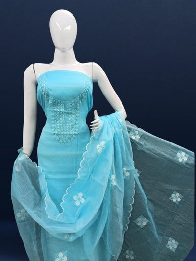 Chikenkari Kota Doria Serene Blue Suit (T+B+D)