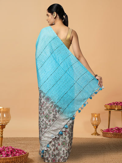 Half Dye Half Print Kota Silk Saree Summer Sky Blue