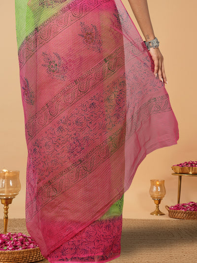 Vibrant Kota Doria Blockprinted Green & Pink Saree