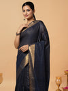 Striped Kota Slub Sequence Pallu Saree Hand Dyed Navy Blue