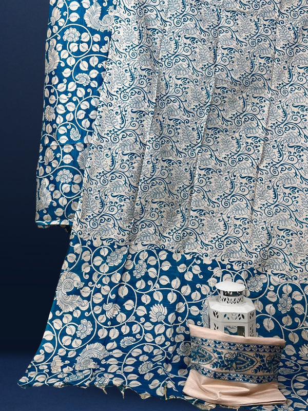 Katan Silk Radiating Blockprint Royal Blue Suit (T+B+D)