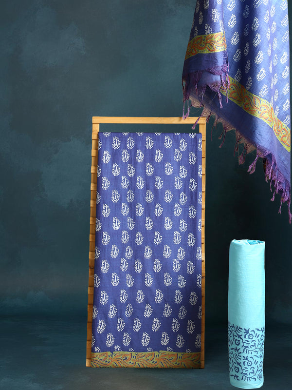 Katan Silk Decorous Blockprint Blue & Green Suit