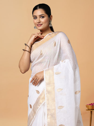 Incandescent Silk Linen White Saree Buta
