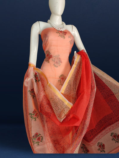 Unique Kota Doria Red Blockprinted Suit (Top+Dupatta+Bottom)