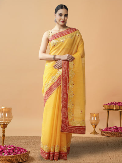 Tye & Drape Kota Cotton Kachi Gotta Yellow Saree