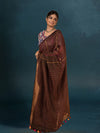 Sophisticated Pure Linen Kantha Work Saree Brown