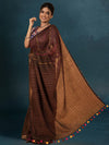 Sophisticated Pure Linen Kantha Work Saree Brown