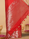 Lively Banarasi Silk Linen Handloom Red Saree