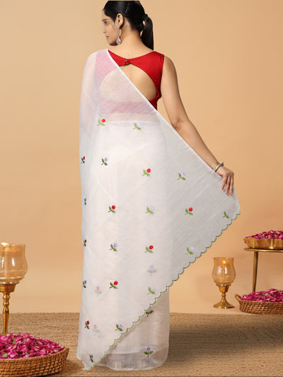 Kota Doria White Saree Allover Embroidery Handcrafted