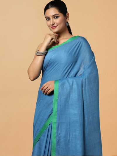 Tranquil Slub Linen Hand Dyed Blue Saree