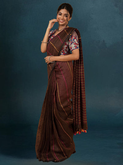 Sophisticated Pure Linen Kantha Work Saree Brown
