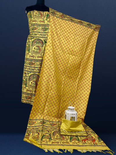 Katan Silk Suit Golden Yellow Color Madhubani Print - IndieHaat