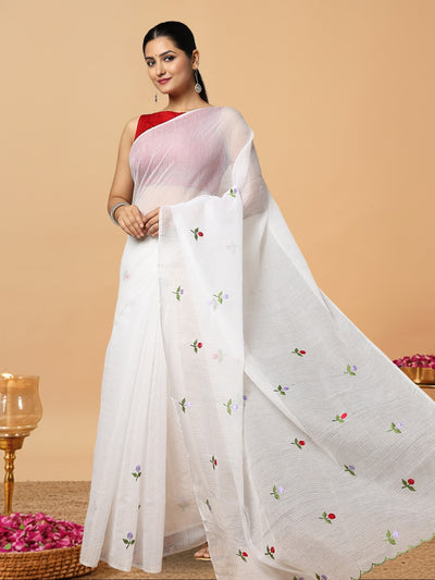 Kota Doria White Saree Allover Embroidery Handcrafted