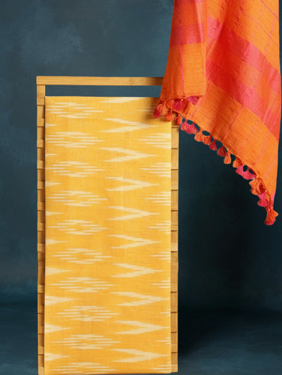 Pure Linen Lustrous Red Dupatta & Yellow Ikkat Kurti Set