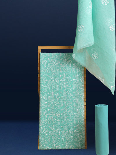 Embroidered Misty Kota Doria Suit Green (Top+Bottom+Dupatta)
