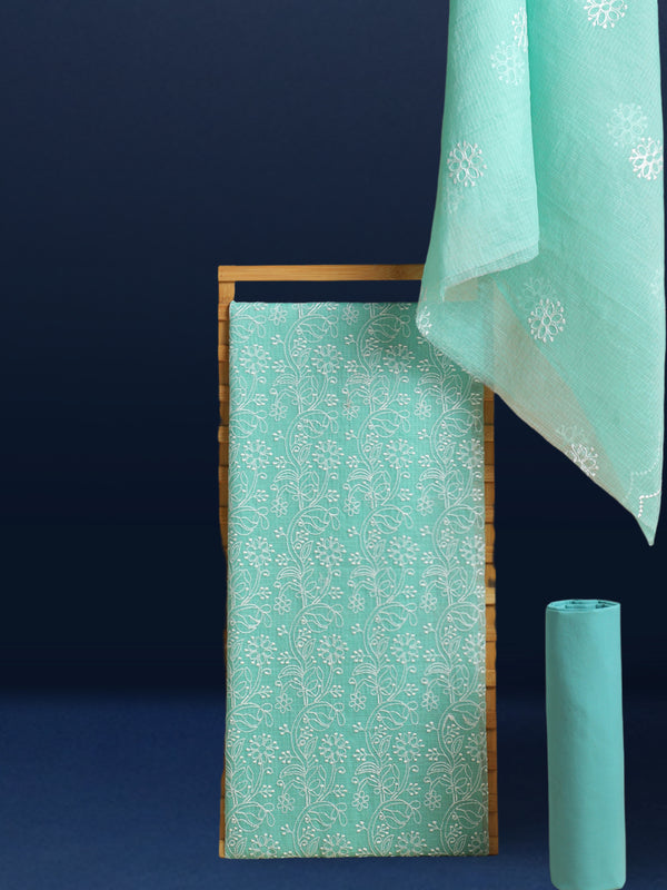 Embroidered Misty Kota Doria Suit Green (Top+Bottom+Dupatta)