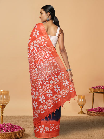 Vibrant Slub Linen Wax Batik Hand Dyed Saree Ink Blue & Orange