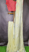 Vivid Pure Linen Embroidered Handloom Off White Saree