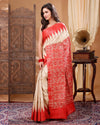 Silkmark Certified Tussar Silk Handloom Handblock Printed White Saree with Blouse-Indiehaat