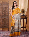 Silkmark Certifiied Tussar Silk Handloom Handblock Printed Dark Yellow &  Spanish Grey Colours Saree with Blouse-Indiehaat