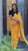 Handwoven Pure Linen Yellow Saree with Blouse-Indiehaat