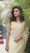 Pure Silk Kota Doria Saree Beige Color allover Hand Pitta work with running blouse - IndieHaat