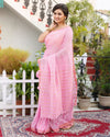 Pure Linen Pink Saree Contrast Striped Pallu With Running Blouse-Indiehaat