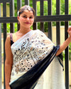 Pure Linen Handloom Saree Black & White Color Hand Embroidered with Running Blouse-Indiehaat