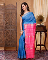 Silkmark Certified Gichcha Tussar Handloom Hand Dyed  Blue Saree with Blouse-Indiehaat