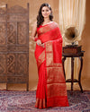 Silk Linen Banarasi Brocade Handloom Orange Saree with Blouse-Indiehaat