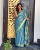 Hand Dyed Pure Tissue Linen Blue Color Saree With Running Blouse-Indiehaat