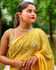 Pure Linen Handloom Saree Hand Embroidered Yellow color with attached Running Blouse-Indiehaat