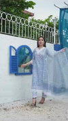 Kota Doria Cotton Suit (Top+Bottom+Dupatta) Blue Color Handblock print with Stitch embroidery work - IndieHaat