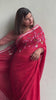 Pure Linen Handloom Saree Dark Pastel Red Color Hand Embroidered with Running Blouse-Indiehaat