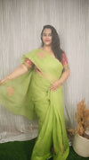 Kota Doria Pure Cotton Embroidered Saree Lime Green Color with blouse Handcrafted - IndieHaat