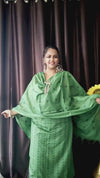 Katan Silk Handblock Printed Unstitched Suit Piece Green Color with Bottom and Dupatta Handcrafted-Indiehaat