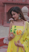 Organza Stitched Suit Yellow Color Hand painted - IndieHaat