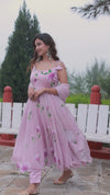 Organza Stitched Suit Pink Color Hand painted - IndieHaat