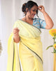 Pure Linen Hand Dyed Yellow Saree with Contrast Blouse-Indiehaat