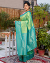 Kanjivaram Silk Saree Plae Green & Teal Blue Color with running blouse - IndieHaat