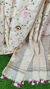 Luminous Silk Linen Embroidered Off White Saree