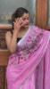 Pure Linen Saree Handloom Hand Embroidered Pink color with attached Running Blouse-Indiehaat