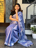 Hand Dyed Pure Tissue Linen Dark Blue Color Saree With Running Blouse-Indiehaat