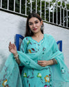 Kota Doria Suit (Top+Bottom+Dupatta) Aqua Blue Color Hand Painting with Stitch embroidery work - IndieHaat